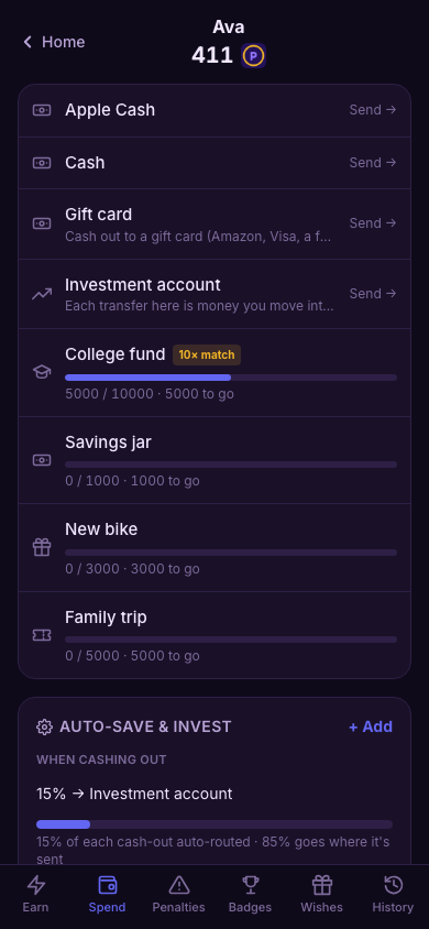 A kid's Spend tab — a 10x matched College fund and an Auto-save & invest rule